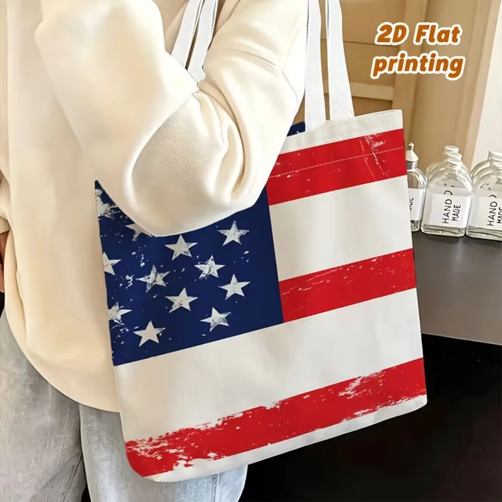 Vintage Distressed American Flag Canvas Bag USA National Flag Print Capacity Casual Shoulder Bag Women Travel Shopping Handbag