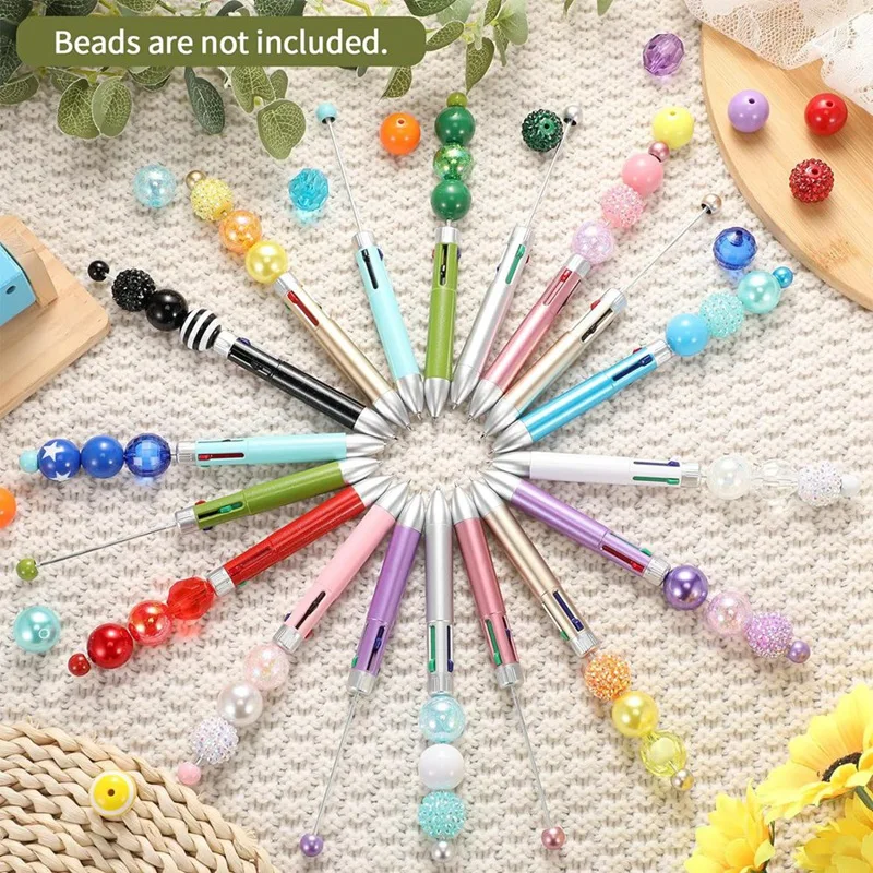 NEW-50Pc Plastic Beaded Pens Bulk Multicolor Cute 1.0Mm Beaded Pens 4-In-1 Beaded Ballpoint Pens Making Graduation Supplies