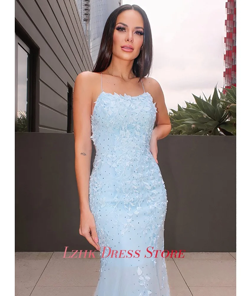 Personalizado sexy organza sereia cintas de espaguete apliques vestido de noite de cristal delicado sem mangas vestidos de ocasião sob medida