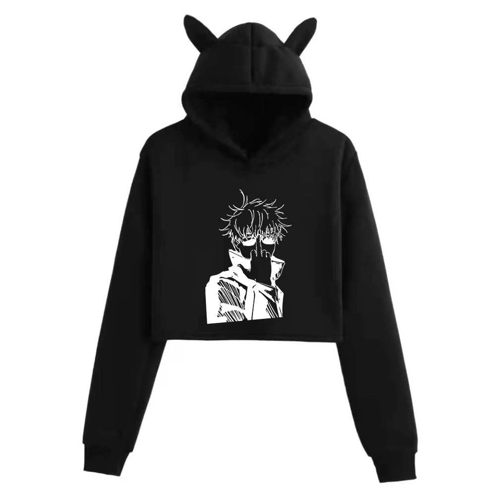 

Gojo Satoru Simple Line Graffiti Cat Ears Long Sleeve Crop Tops Girls Fashion Hoodie
