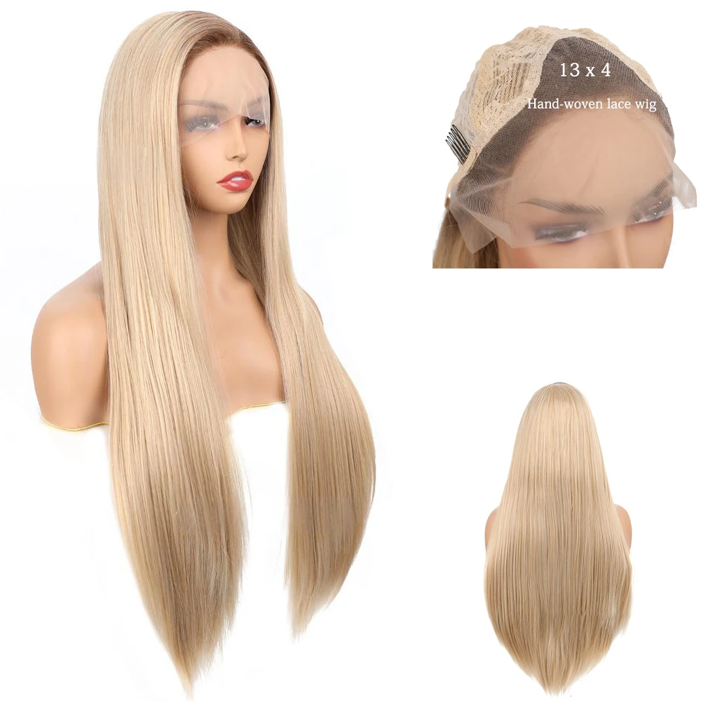 

Clearance Sale: 16-26 Inch Golden Straight Hair 13x4 Front Lace Synthetic Hair, Suitable For High-End Hand-Woven Wigs For Women
