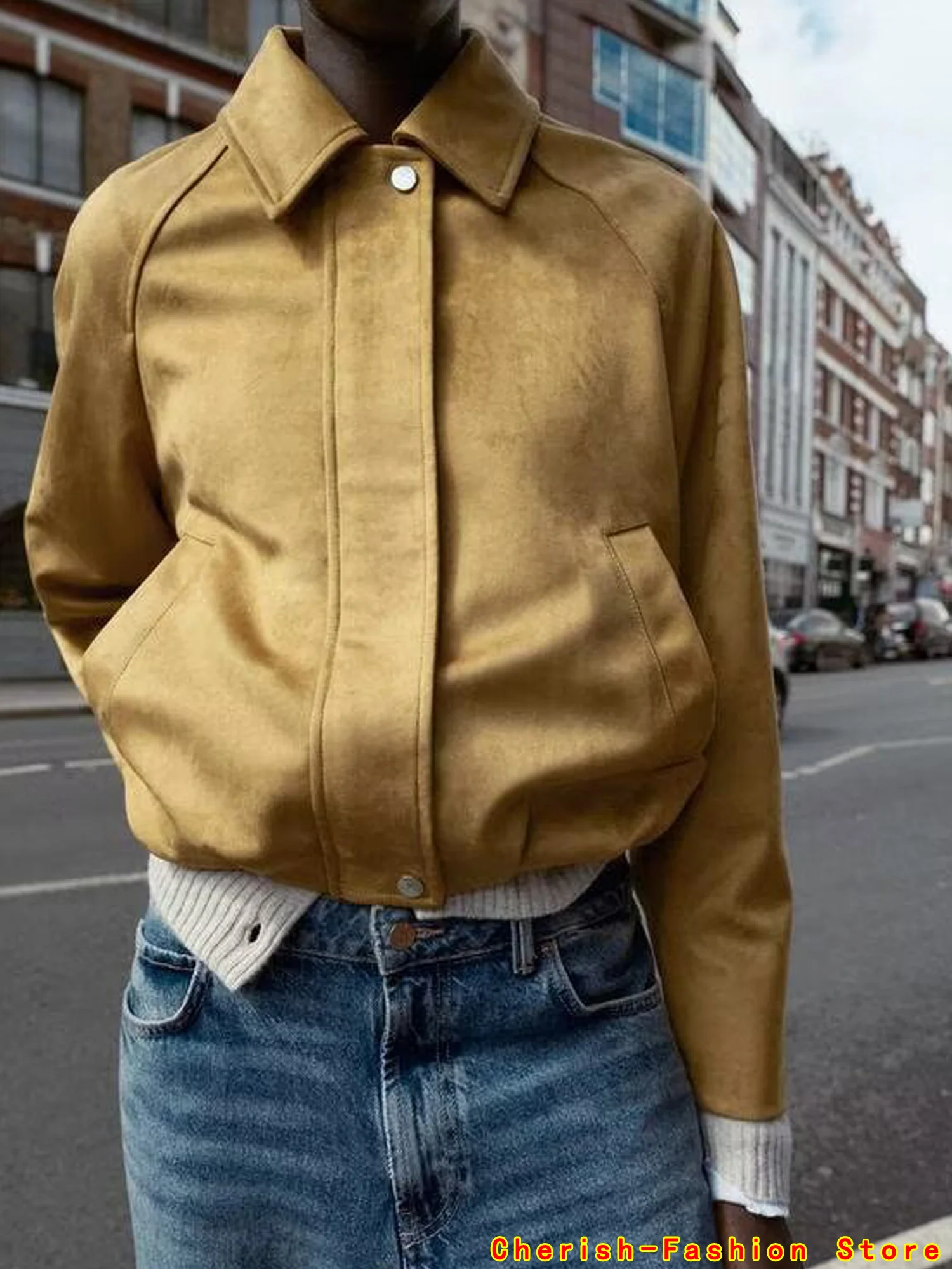 

Suede Jacket Short Coat Khaki Elastic Lapel Zipper Warmth Retro Wide Shoulder Bomber Jackets Top Casual Loose Women Overcoat Hot
