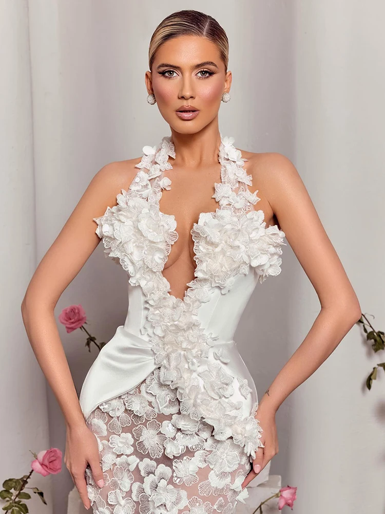 VC 섹시 갈라스 화이트 3D 플로럴 딥 브이넥 홀터 머메이드 드레스 웨딩 파티 가운