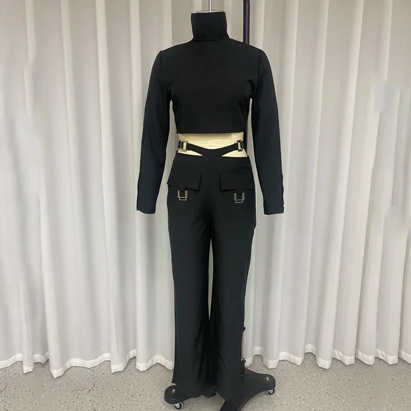 MECOCICI Women 2 Piece Set Fashion Solid Long Sleeve High Neck High Waist Buttons Top Crossover Buckle Design Cargo Pants Set