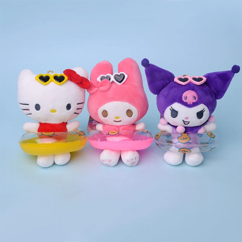 Pendentif mignon Sanurgente Kuromi Hello Kitty avec anneau de bain, jouets en peluche, porte-clés, accessoires Kawaii, ornement de confrontation de sac à dos