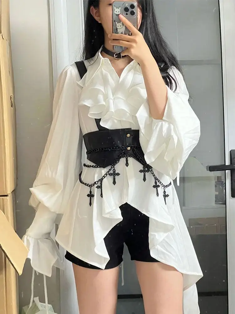 

Summer New Gothic Dark Academia Clothes Ruffles Patchwork Long Sleeve Lolita Shirt Women+ Slim Waist Vest Two Piece Sets