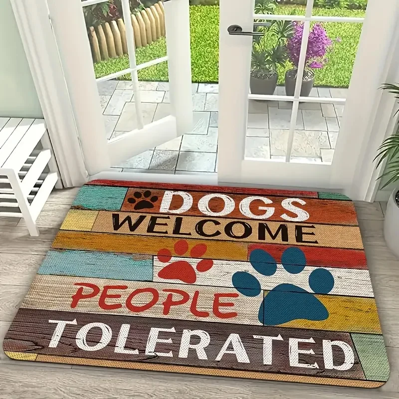VIKAMA Dogs Welcome People Tolerated Doormat, Rustic Wooden Paw Print Entrance Rug, Non-slip Washable Front Door Home Mat