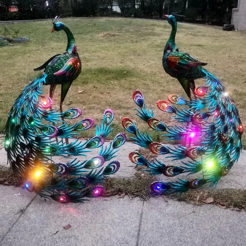 1PC NEW Solar Lights Peacock Statues Garden Decoration Outdoor Lamp Hollow Figurine Path Lawn Metal Sculpture Decor With Lights