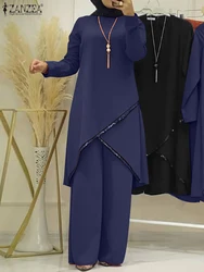 Moda ZANZEA muzułmanki z długim rękawem bluzka Abaya garnitury cekiny islamska odzież luźne pasujące zestawy 2 sztuk Urban dres