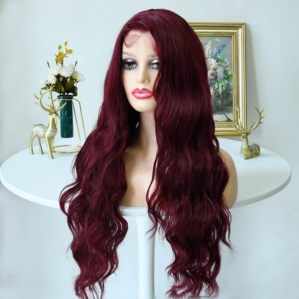 Бордовый Красный Объемная Волна Hd Прозрачный Парик Фронта Шнурка 13x4 Парики Глубокой Волны Для Женщин Предварительно Сорванные Кружевные Фронтальные Синтетические pelucas
