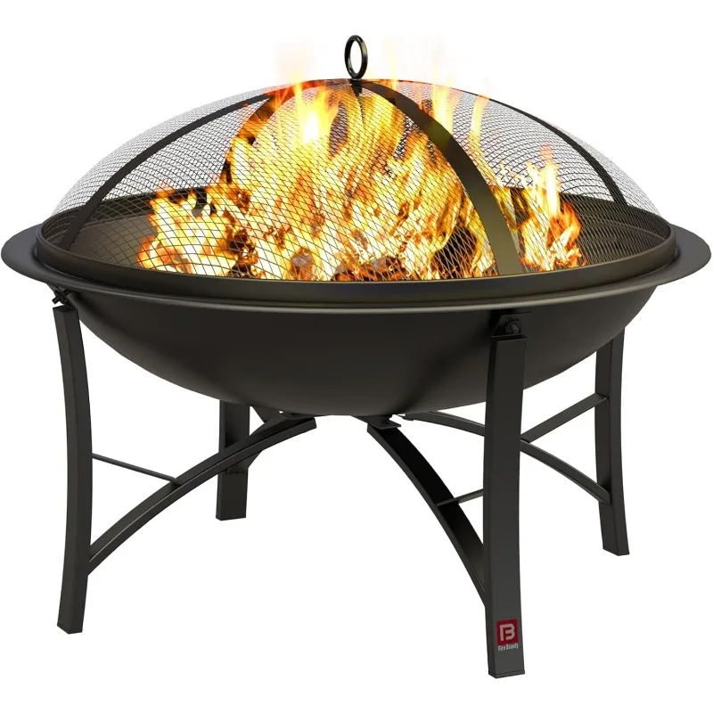 Fire Pit for Outside Wood Burning BBQ Grill Steel Fire Bowl with Spark Screen Cover, Log Grate, Camping