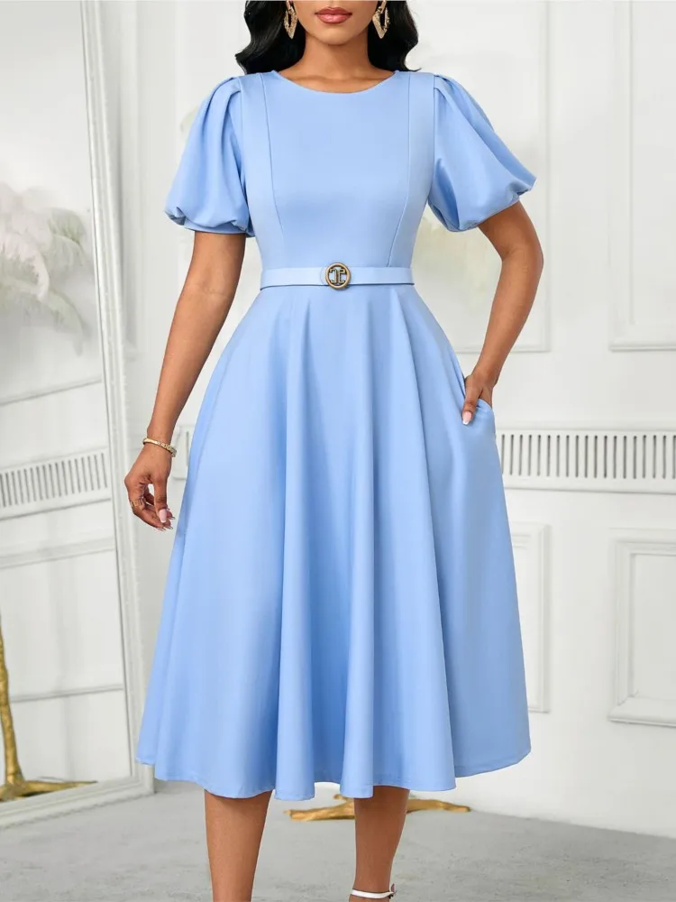

O Neck Short Sleeve Belt Waist Pleated Elegant Dress 2026 Summer New Women Birthday Party Dinner Evening Dress Solid Color Skirt