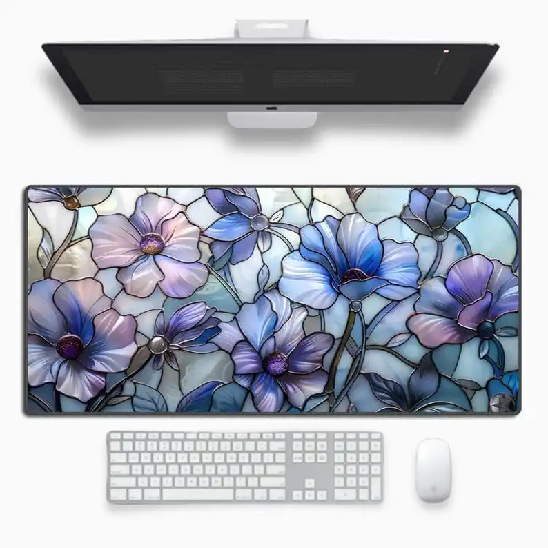 Cute stained glass floral aesthetic table mat large gaming mouse pad non-sliding table for laptop keyboard mat office decoration