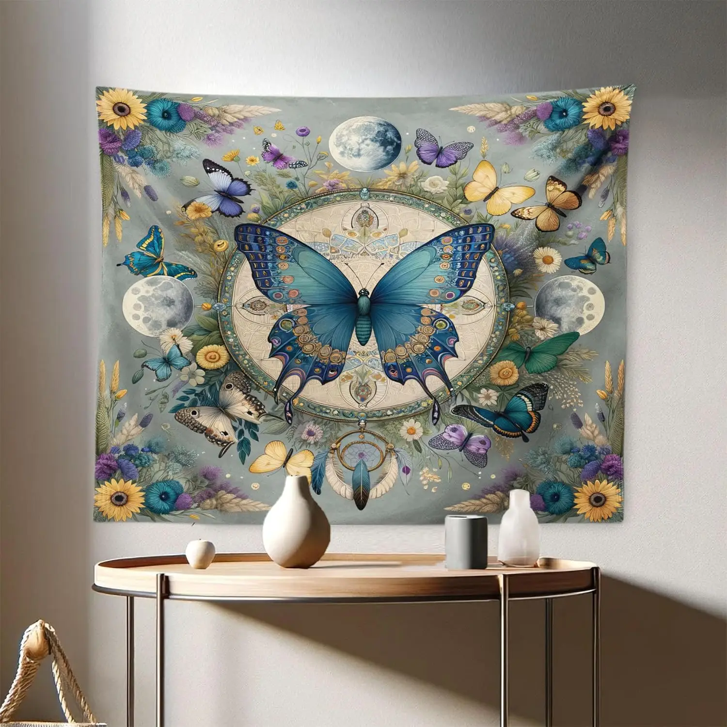 

Синяя бабочка, луна, мандала, настенный гобелен, 2D плоский принт, декор в стиле бохо, природа, искусство, духовный символ, домашний интерьер, подвесной