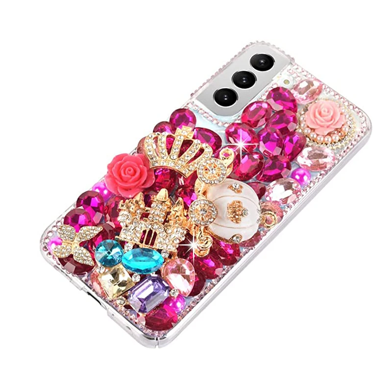 3D Handmade Crown Castle Pumpkin Car Rose Flower Case for Women, Sparkle Bling Diamond, for Samsung S24 S21 S22 23 Ultra, Note20