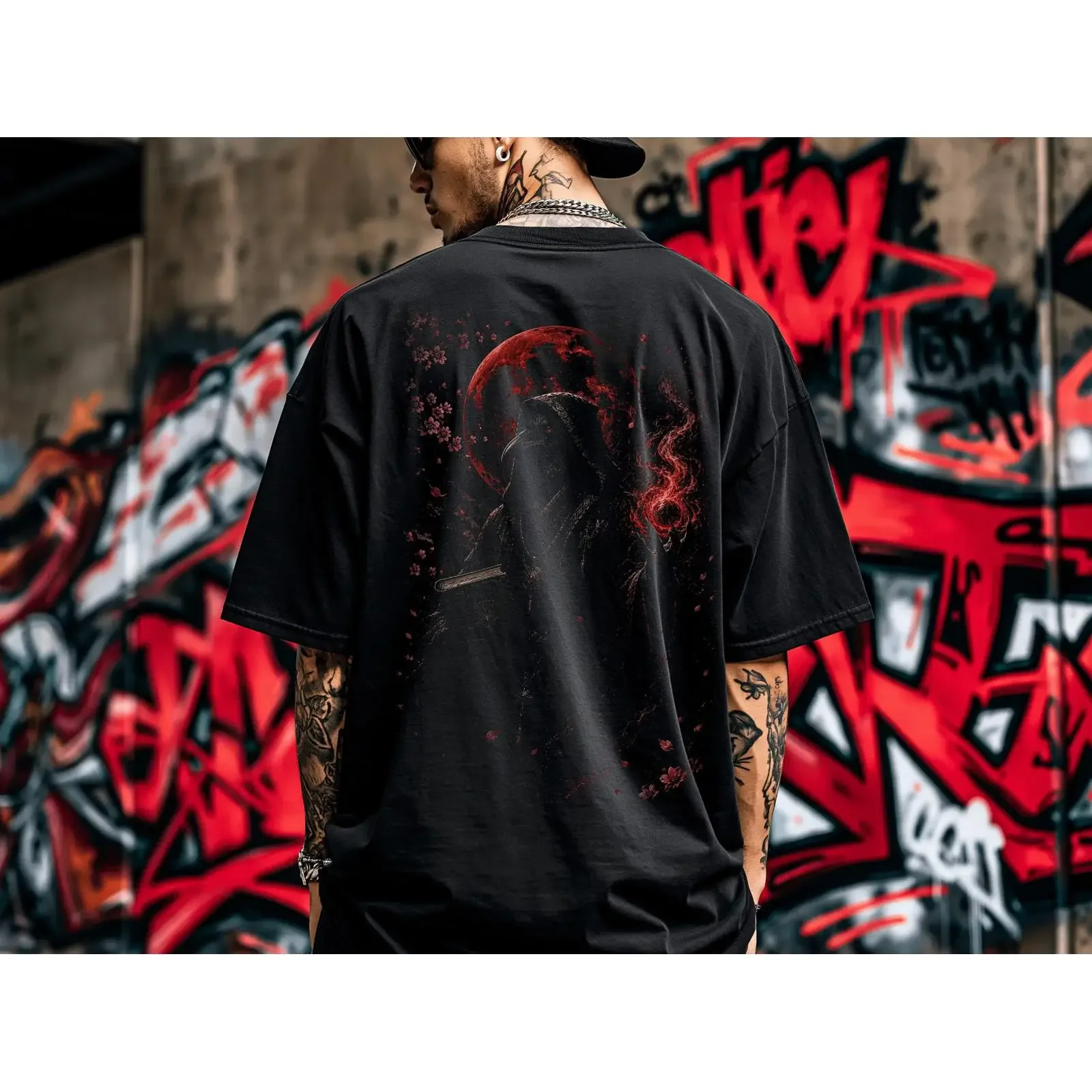 Gothic Dark Fantasy Red Moon Raven Crow Mage Print T shirt Oversized Cotton Tarot Style Streetwear vintage Washed Stylish