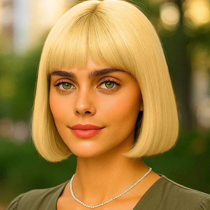 

Ladies' 12 inch golden straight wig made of heat-resistant synthetic fiber, fluffy, smooth, fashionable and versatile