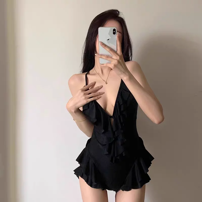 

Ele One-Piece Swimsuit for Women Deep V Sexy Pure Desire Bla Swimwear with Lace Belly Covering Slimming Thermal