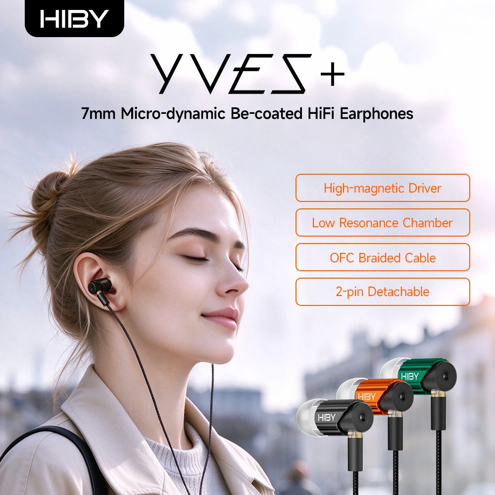 HiBy Yves PLUS Wired Earphones 7mm Micro-dynamic Be-coated Diaphragm High-magnetic Driver Low Resonance Chamber OFC Braided Wire