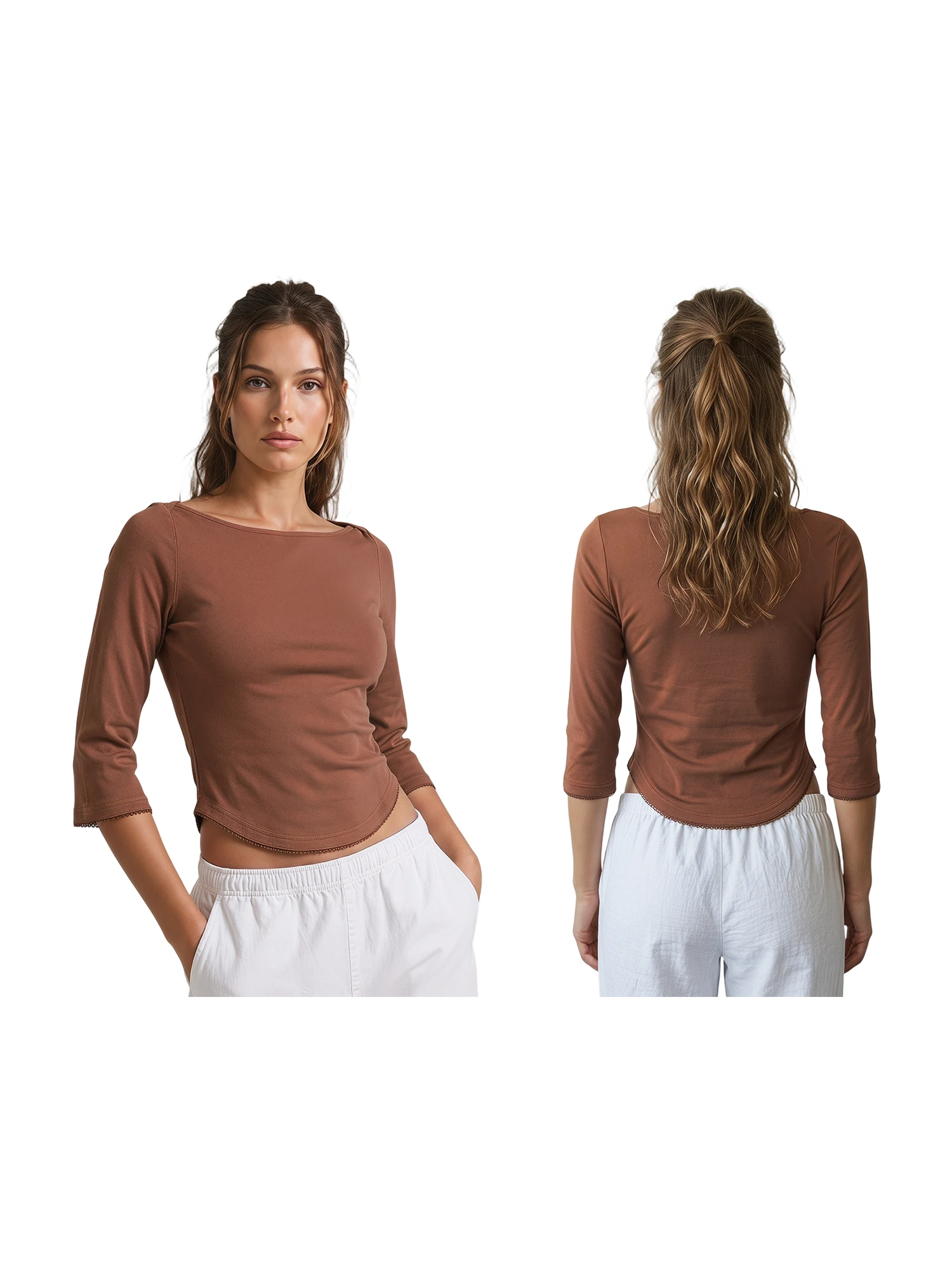 Damen Basic Frühling Herbst Crop Tops Elegante Einfarbige Bootsausschnitt 3/4 Ärmel T-Shirts – Detail 4