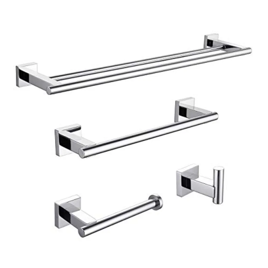

4-Pieces Polished Stainless Steel Bathroom Hardware Set Wall Mounted - Includes Double Towel Bar Hand Towel Rack Toilet Paper H