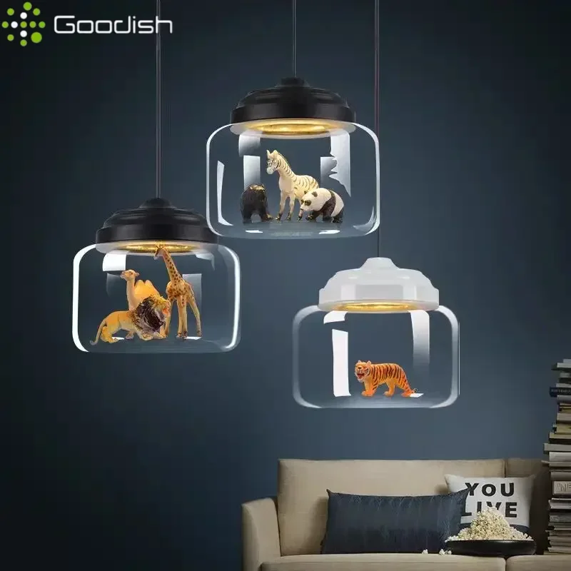 

Modern Stylish Glass jar-shaped animal figurine LED Pendant Light Art Creative Lamps for Living Room Home Decoration Chandeliers