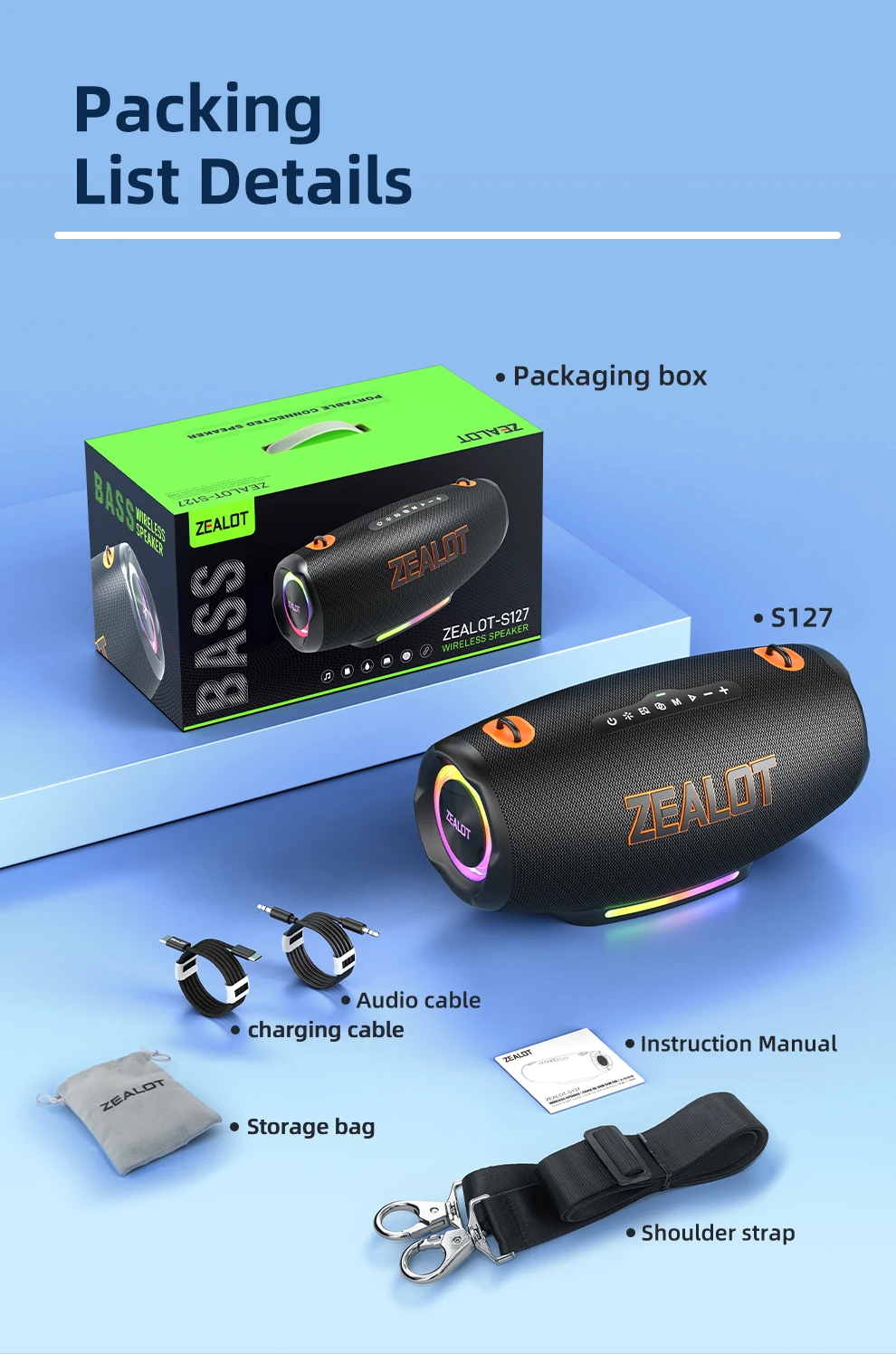 Zealot-S127 100W Tragbarer Subwoofer Bluetooth-Lautsprecher TF-Karte Outdoor-Stereo-Surround Wasserdichter Lautsprecher Kabellose Soundbox – Detail 12