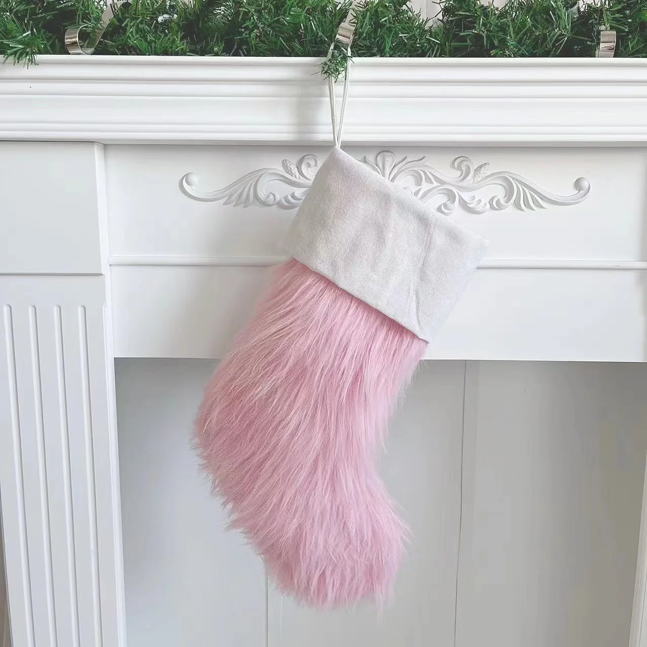 Christmas Stocking Pink White  Fur  Christmas Tree Ornaments Decor Christmas Gift Bags New Year