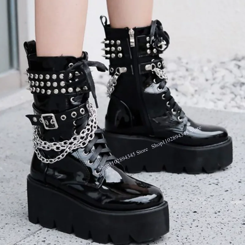 

Black Chain Rivet Decor Boots Mid Calf Thick Heel Round Toe Fashion 2023 Summer Casual Big Size Woman Shoes Zapatillas Mujer