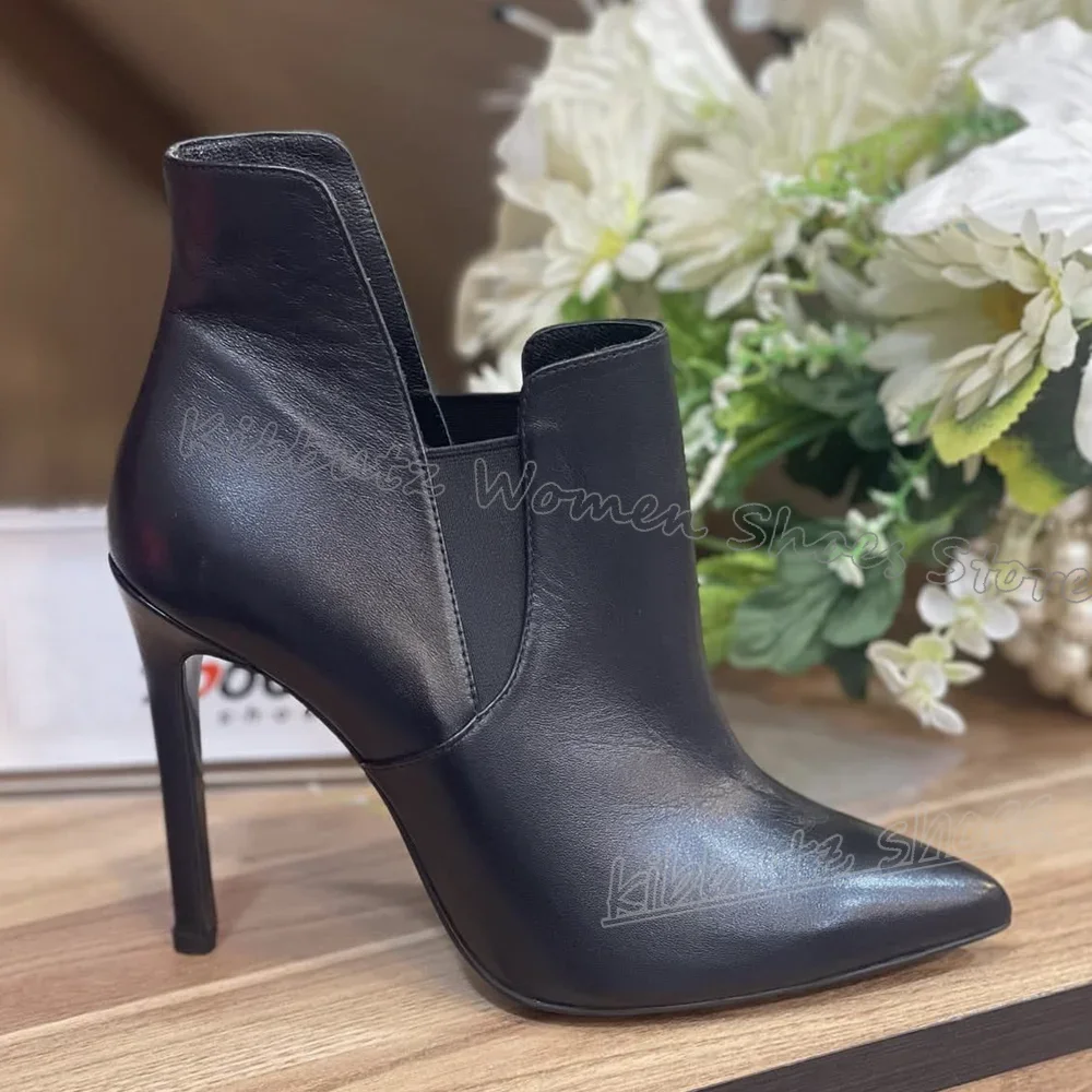 

Modern Ankle Boots Leather Solid Color Fashion Luxury Elegant Concise Sexy Novelty Shoes New Pointed Toe Thin High Heels Slip-On