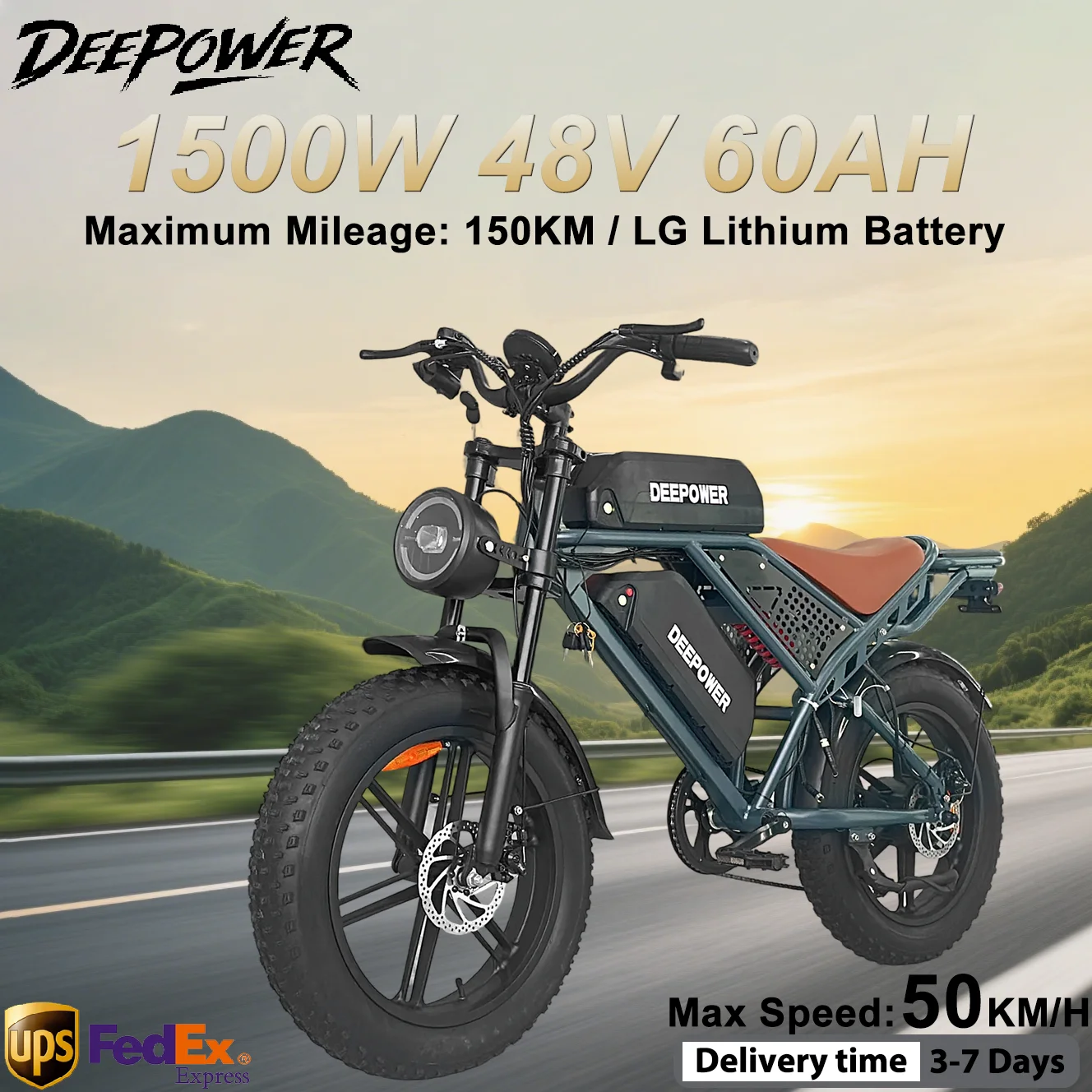 DEEPOWER QS7 bicicleta eléctrica 1500W 48V 60AH bicicleta eléctrica todoterreno para adultos neumático ancho de 20 pulgadas batería Dual todoterreno Ebike