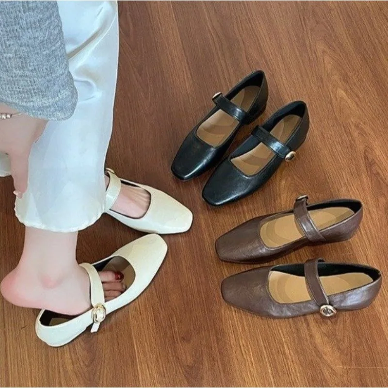 2025 nuevos Zapatos Jane para Mujer estilo Retro punta cuadrada tacón bajo Zapatos individuales Zapatos de Ballet suaves y cómodos Zapatos Mujer