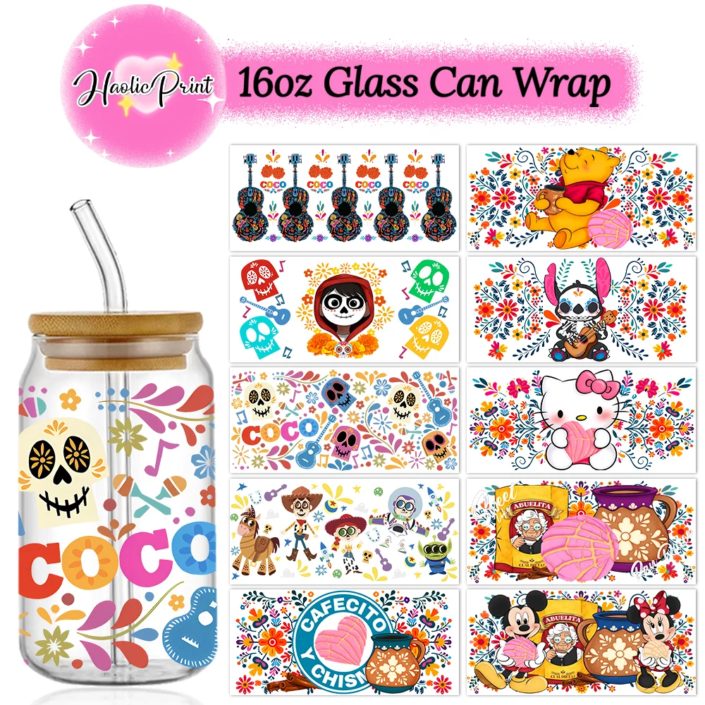 COCO Skeleton Musical Talavera UV DTF Cup Wrap 16oz Libbey Glass Beer Can DIY Sticker Selfadhesive Washable DIY Mexican Culture