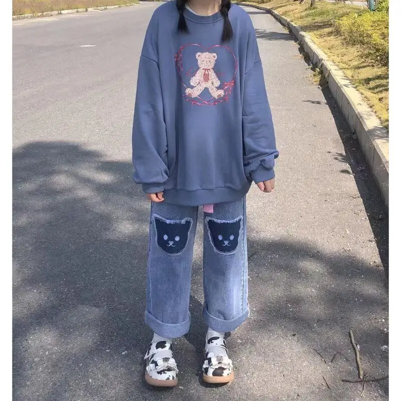 Harajuku mulheres coreano hip hop urso jeans menina calças de perna larga em linha reta calças femininas cintura alta denim baggy kawaii roupas