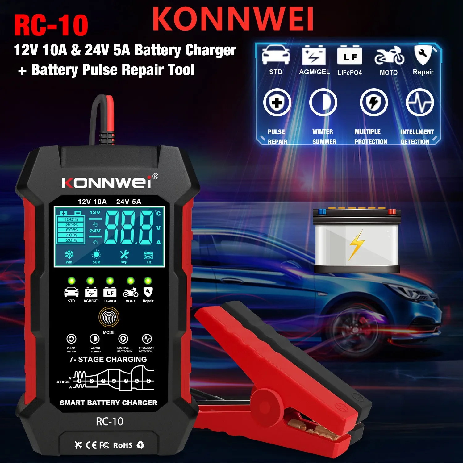 KONNWEI RC10 Car Charger Tools Battery Charger Battery Pulse Repair Tool  Moto Battery Charger 12-24V 5A 10A Emergency Tool A+++