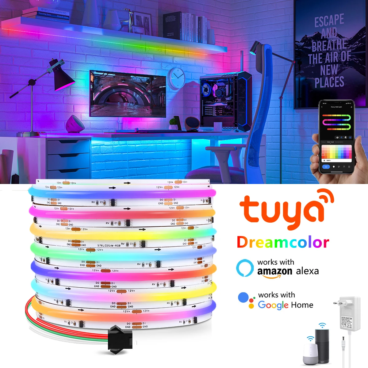 

Светодиодная лента Tuya Lighting FCOB Esports, декоративная, WS2811 RGBIC, гибкая, высокой плотности, с эффектом плавного перехода, 12В, 576 LED/м, DIY-управление