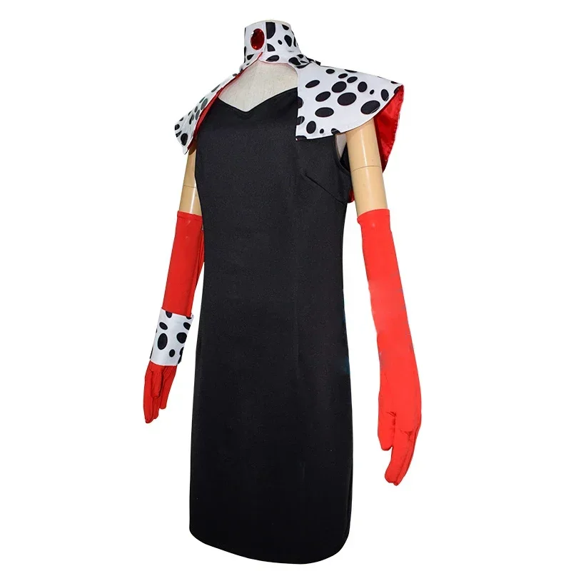 Cruella De Vil Cosplay Costume Robes pour Femmes et Bol, Daltravaillait ens avec Cape, Tenues d'Halloween, Carnaval Trempé, 101