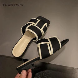 Hot New Women's Slippers Mixed Color Braided Wide Strap Slides Sandals Open Square Toe Leisure Outdoor Mules Beach Ladies Shoes