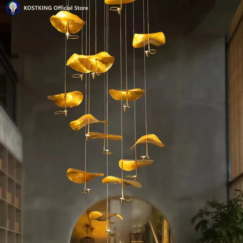 New Multiple Heads Copper Gold Lotus Staircase Led Chandelier for Villa Stair Lighting Fixtures Home Indoor Hanging Lamp