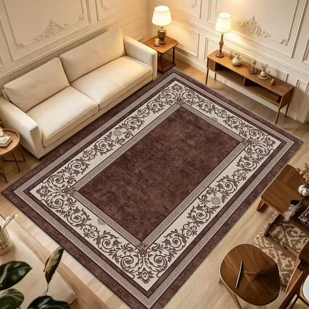 Classic European Retro Carpet with Royal Floral Border, Brown Living Room Rug, Large Non-Slip Carpet for Home Decoration
