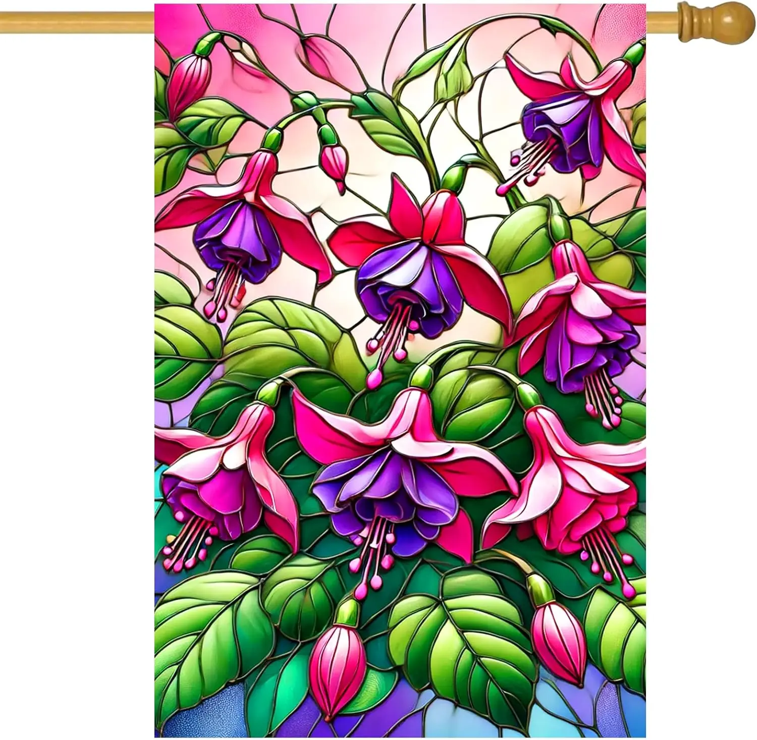 Весенне-летний флаг дома 28 x 40 дюймов, двухсторонний садовый флаг, цветок фуксии, витраж, стиль для лета, весеннего двора, запрет UUV