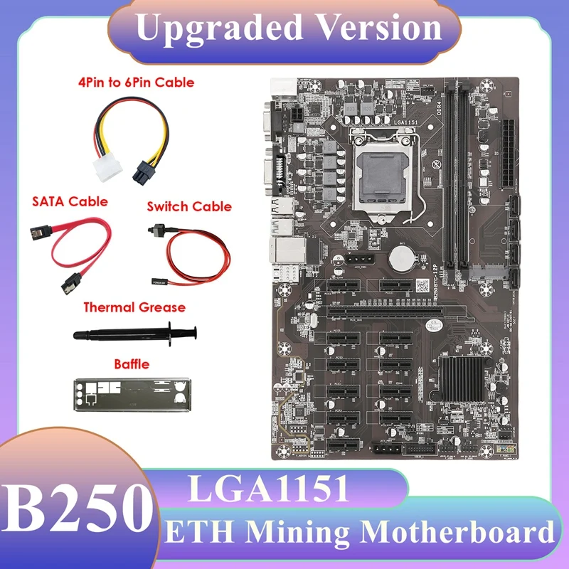 

B250B ETH Mining Motherboard+4Pin To 6Pin Cable+SATA Cable+Switch Cable+Baffle+Thermal Grease 12PCIE MSATA For BTC