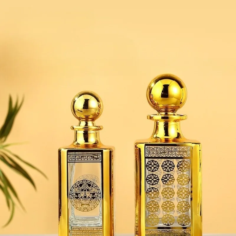 Middle East Electroplated Gold Stamping Cosmetic Bottle 250ml 500ml Dubai Fragrance Refill Glass Vial Empty Essential Oil Jar