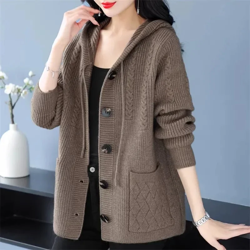 Sweater Cardigan Coat Women's Autumn Winter 2025 New Knitwear Explosions Loose Jacket Female Hooded Top Fashion Outerwear Ladies