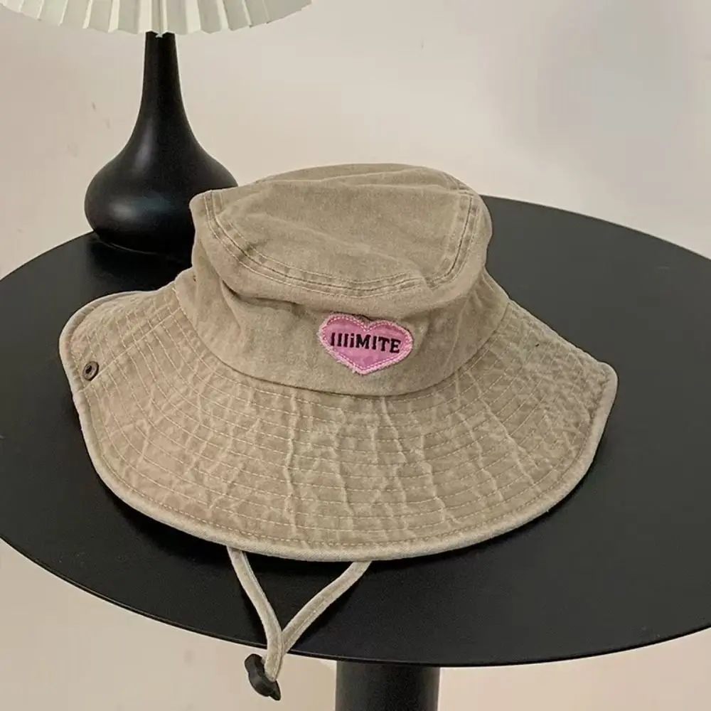 Foldable Summer Ladies Sun Hat Heart Embroidery with Drawstring Fisherman Hat UV Protection Wide Brim Western Cowboy Hat
