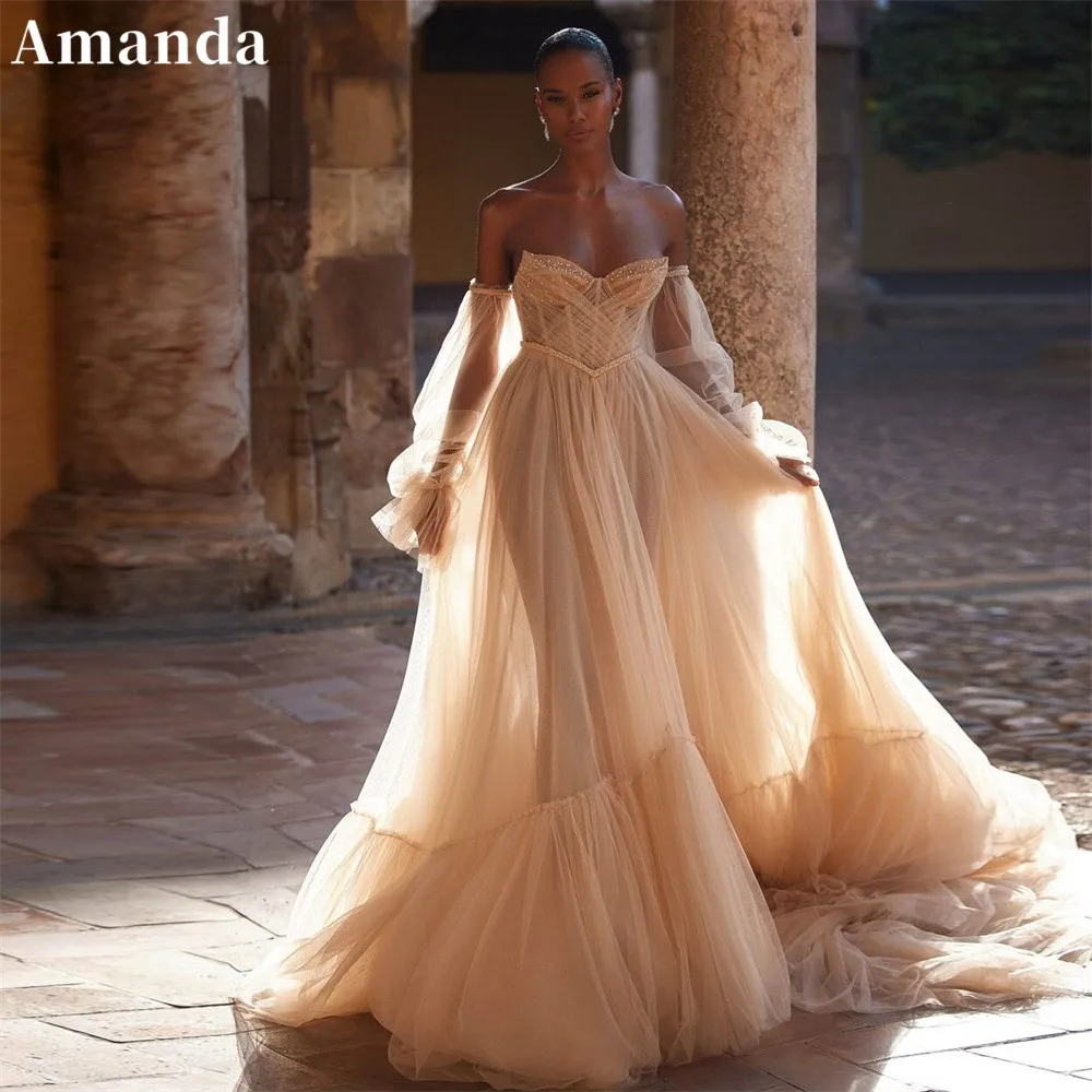 Amanda Elegant Puffy Sleeve A-line Wedding Dress Sexy Sequins Chest Vestidos De Novia Elegant Puffy Sleeve Robe De Mariée