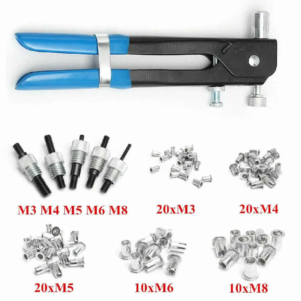 Pistola de remaches ciegos, Kit de remachado de mano, inserción roscada, Tuercas de remache de M3-M8, pistola de clavos, herramientas de reparación del hogar, 86 unids/set