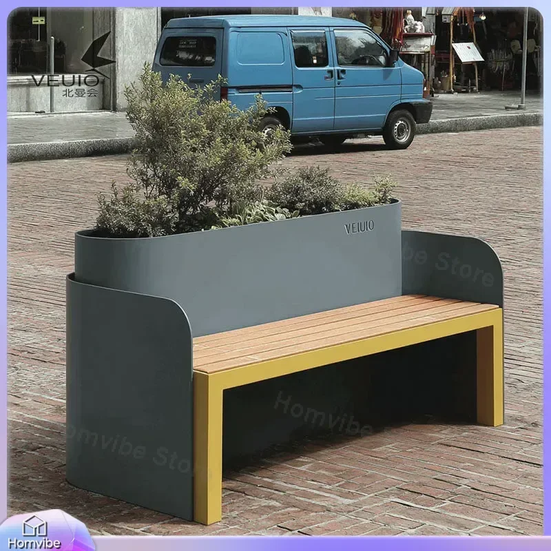 Outdoor Wrought Iron Flower Box Bench Integrated Planter Seat Commercial Street Partition Garden Furniture Decorative
