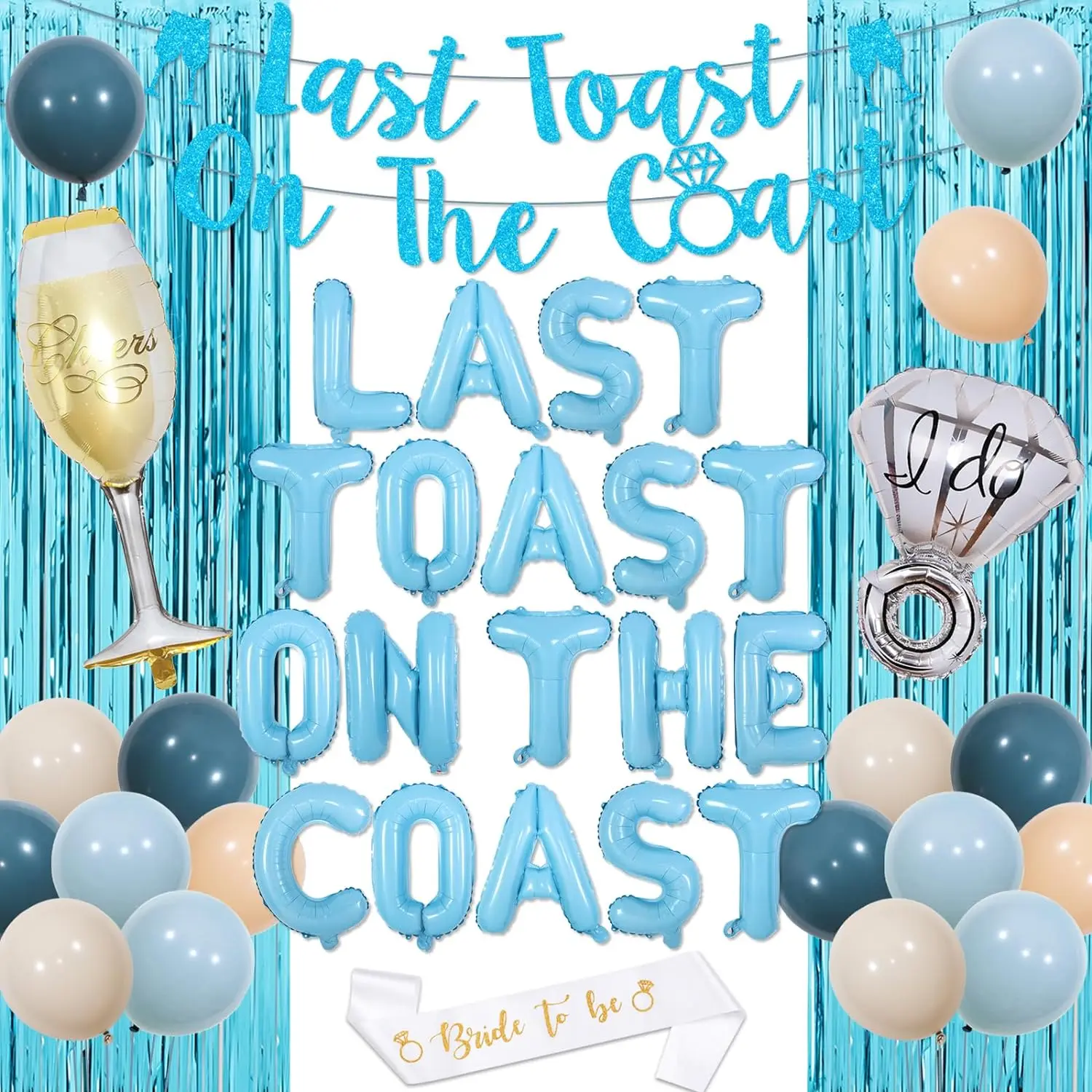 

Last Toast On The Coast Bachelorette Decor Banner Bride To Be Sash Foil Fringe Curtains I Do Wine Glass Balloons Party Supplies