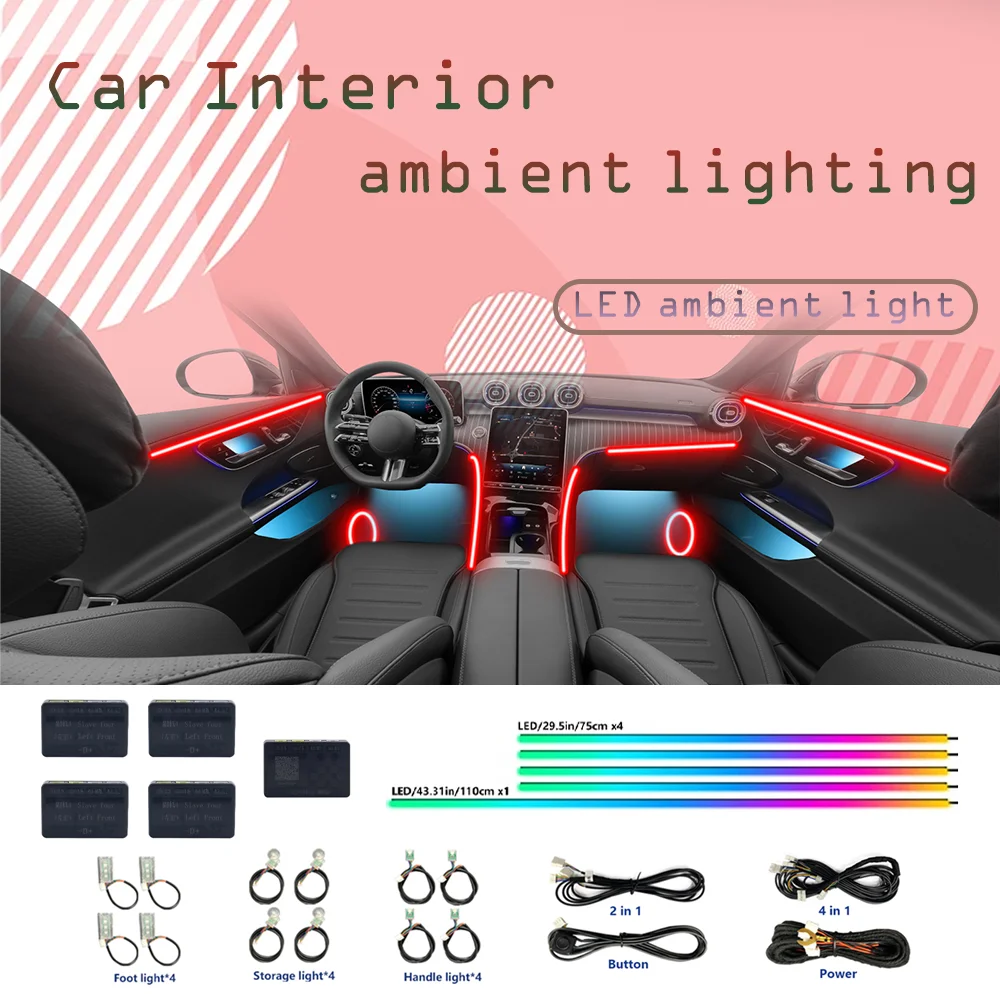 

64 Color RGB Car Ambient Interior Light Acrylic Guide LED Strip Light APP Control Music Sync Decorative Atmosphere Lamp